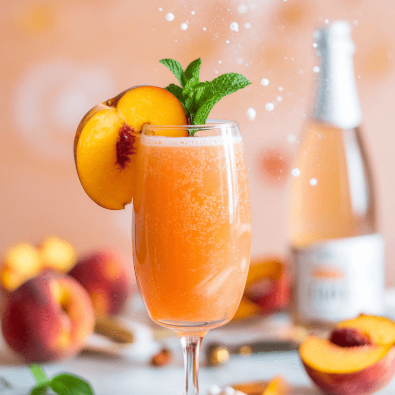 A vibrant peach Bellini mocktail served in a tall champagne flute, showcasing a bright, bubbly peach-orange hue. The glass is garnished with a fresh peach slice and a sprig of mint, adding a pop of green. In the background, blurred peaches and a bottle of sparkling beverage contribute to a refreshing and summery vibe, with a playful sprinkle of bubbles captured mid-air.