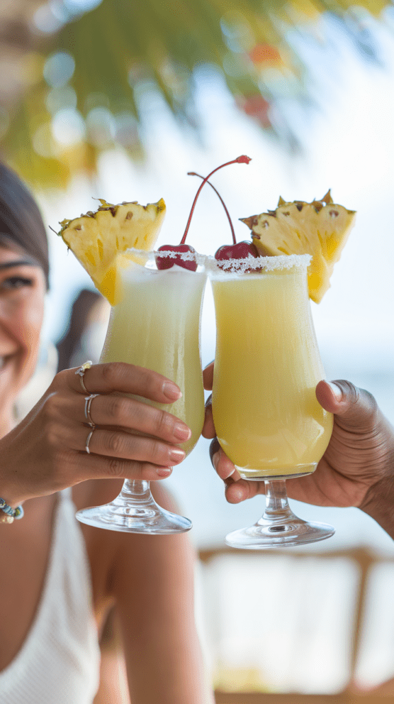 Two people toasting with refreshing Piña Colada mocktails in elegant hurricane glasses, each garnished with a sugared rim, a fresh pineapple slice, and a maraschino cherry. The tropical setting features blurred palm leaves and ocean views in the background, adding to the vacation-like atmosphere. One person is smiling, wearing beachy jewelry, as their hands gently hold the chilled drinks, celebrating a sunny moment.