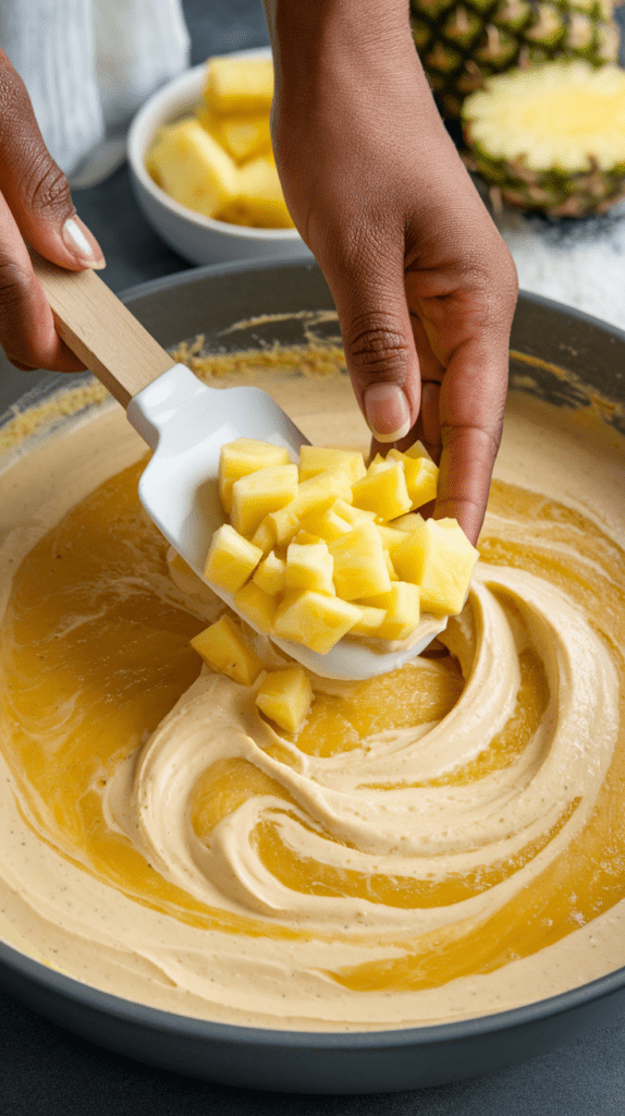 A close-up of a person adding fresh pineapple chunks to a creamy cheesecake batter swirled with pineapple puree. The batter is being mixed in a large bowl with a spatula, creating a smooth and luscious texture. In the background, a bowl of additional pineapple pieces and a halved pineapple sit on a dark countertop, emphasizing the tropical flavors of the dessert.