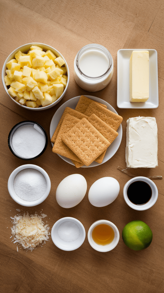 A flat lay of ingredients for making Piña Colada cheesecake bars, neatly arranged on a wooden surface. The setup includes a bowl of fresh pineapple chunks, graham crackers on a small plate, a block of cream cheese, butter, milk, eggs, shredded coconut, sugar, salt, vanilla extract, lime, and a small dish of rum extract. The warm, natural lighting enhances the fresh and tropical feel of the ingredients.