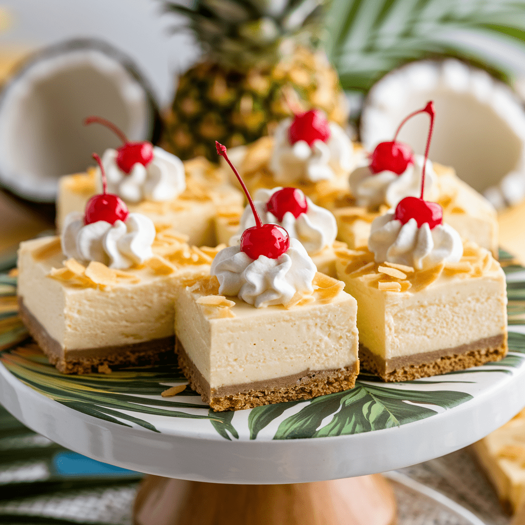 A tropical display of Piña Colada cheesecake bars arranged on a decorative cake stand with a leaf-patterned plate. Each creamy cheesecake square features a golden graham cracker crust, a smooth pineapple and coconut-flavored filling, and is topped with toasted coconut flakes, a swirl of whipped cream, and a bright red maraschino cherry. In the background, fresh pineapples, coconut halves, and palm leaves enhance the island-inspired aesthetic.