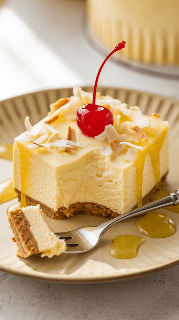 A close-up of a Piña Colada cheesecake bar on a decorative plate, topped with toasted coconut flakes, a glossy red maraschino cherry, and a drizzle of golden pineapple glaze. A fork with a bite-sized piece rests beside the dessert, showing the creamy texture of the cheesecake and the crumbly graham cracker crust. The warm lighting and soft background blur create an inviting, tropical-inspired dessert scene.