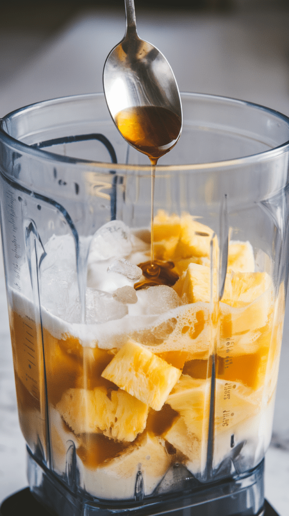 A close-up of a blender filled with fresh pineapple chunks, coconut milk, ice, and pineapple juice, as a spoon drizzles golden honey into the mix. The rich, smooth liquid contrasts with the icy texture and vibrant yellow fruit, preparing for a creamy Piña Colada mocktail. The transparent blender jar captures the layers of ingredients, ready to be blended into a tropical refreshment.