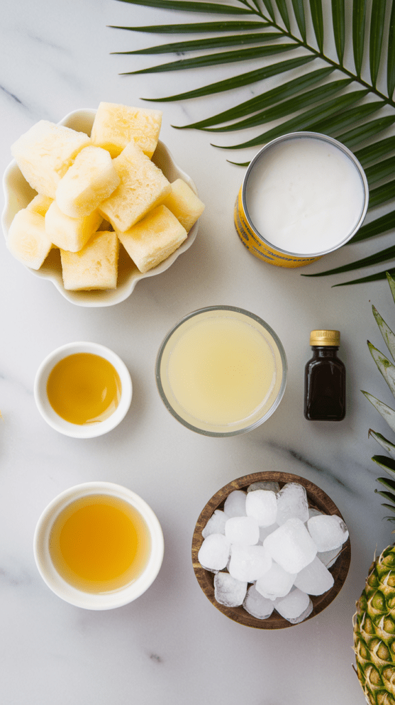 A top-down view of fresh ingredients for making a Piña Colada mocktail, arranged on a white marble surface with tropical palm leaves. The setup includes a bowl of frozen pineapple chunks, a can of coconut milk, a glass of pineapple juice, two small dishes of honey and another golden liquid, a small bottle of vanilla extract, and a wooden bowl filled with ice cubes. A fresh pineapple is partially visible in the corner, adding to the tropical aesthetic.