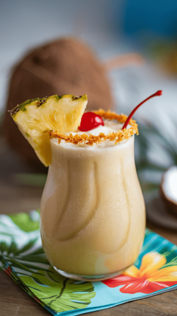 A creamy Piña Colada mocktail served in a curvy glass with a toasted coconut-rimmed edge, placed on a vibrant tropical napkin. The frosty drink is garnished with a fresh pineapple wedge and a maraschino cherry, adding a pop of color. In the softly blurred background, a whole coconut and palm leaves enhance the tropical, vacation-like vibe.