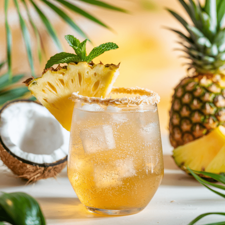 A refreshing pineapple coconut sparkler served in a stemless glass filled with ice, topped with a fizzy golden liquid. The rim is coated with toasted coconut, and a fresh pineapple slice with a sprig of mint adds a tropical touch. In the background, a halved coconut, a whole pineapple, and lush green palm leaves enhance the island-inspired vibe.