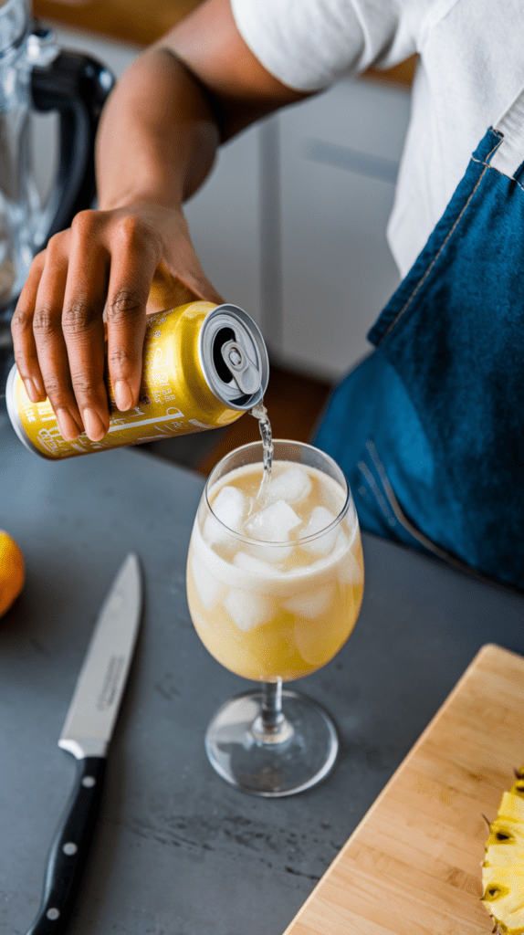 A person in a navy blue apron pours sparkling water from a gold can into a stemmed glass filled with ice and a creamy pineapple mixture. The bubbles rise as the drink takes on a frothy texture. The scene is set in a kitchen with a knife on the counter, a wooden cutting board with fresh pineapple slices, and a blender in the background, suggesting a homemade tropical beverage in the making.