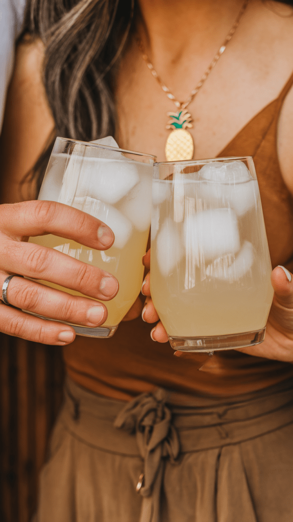 Two people toasting with chilled pineapple coconut sparkler drinks in stemless glasses filled with ice. One person wears a gold pineapple pendant necklace, complementing the tropical theme, while the warm earthy tones of their outfits enhance the relaxed, summery vibe. The close-up focus captures the refreshing condensation on the glasses, with a blurred background suggesting a laid-back outdoor setting.