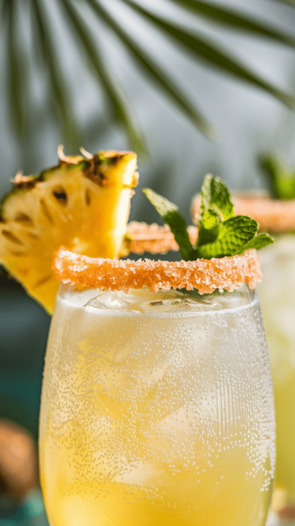 A refreshing pineapple coconut sparkler served in a chilled stemmed glass with a sugared and toasted coconut-coated rim. The fizzy golden drink is filled with ice, creating an effervescent texture, and is garnished with a fresh pineapple wedge and a sprig of mint. Soft tropical lighting and blurred palm leaves in the background enhance the vibrant, summery atmosphere.