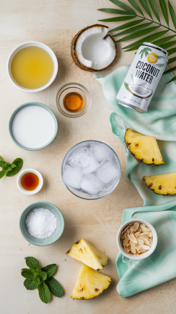 A flat lay of fresh ingredients for making a pineapple coconut sparkler, arranged on a light, tropical-themed surface. The setup includes a glass of ice, a can of coconut water, fresh pineapple wedges, coconut milk, honey, vanilla extract, and a small bowl of toasted coconut flakes. A halved coconut, fresh mint leaves, and a soft mint-colored cloth add a refreshing and beachy aesthetic to the composition.