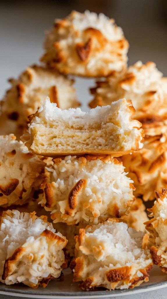 A plate piled high with golden-brown coconut macaroons, showcasing their crisp, toasted exterior and soft, chewy interior. One macaroon is split open, revealing its moist and fluffy center. The close-up view emphasizes the texture of the shredded coconut and the delicious contrast between the crunchy edges and tender inside.