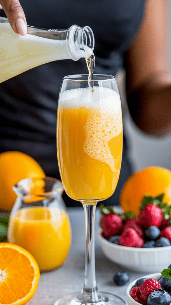 A close-up of a non-alcoholic mimosa being poured into a champagne flute, creating a light, bubbly foam. The scene features fresh oranges, a small carafe of orange juice, and a white bowl filled with vibrant berries, including raspberries and blueberries. The person pouring the drink wears a black top, adding contrast to the bright, fresh ingredients.