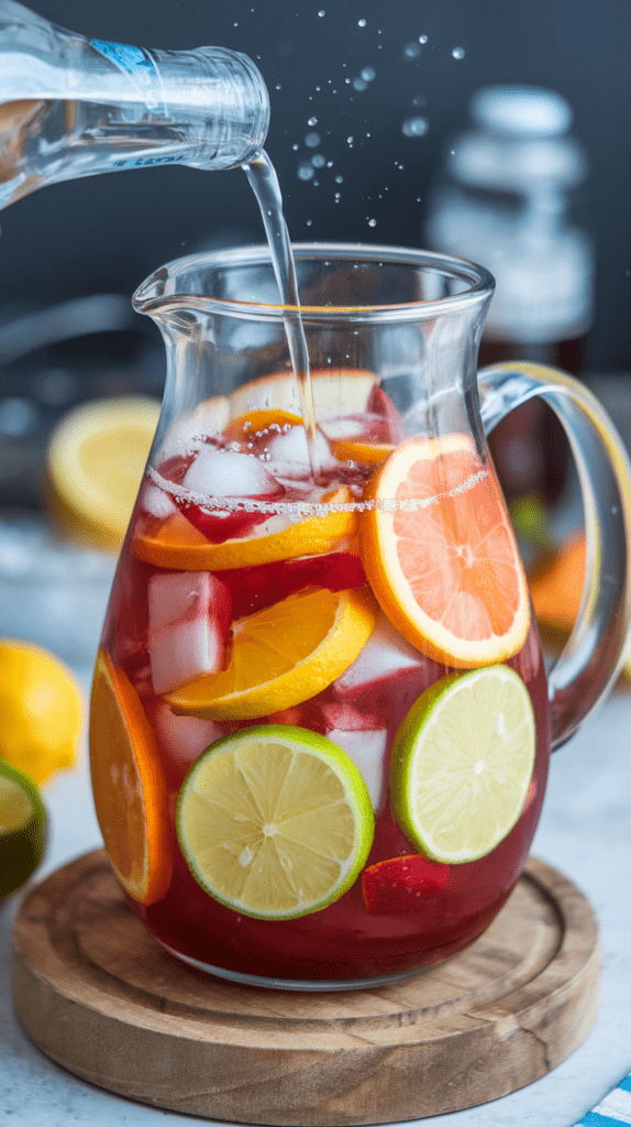 A glass pitcher filled with vibrant red non-alcoholic sangria, packed with ice cubes and fresh citrus slices, including oranges, limes, and lemons. Sparkling water is being poured into the pitcher, creating refreshing bubbles and a lively splash effect. The pitcher sits on a wooden tray, with a background of fresh fruit and a relaxed, summery atmosphere.