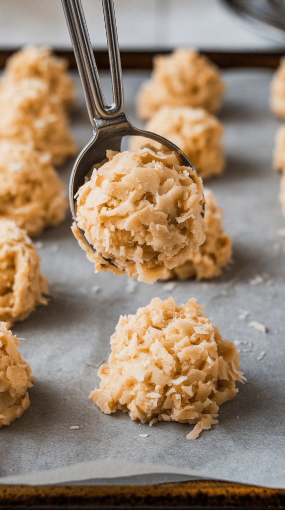 A close-up of a cookie scoop being used to portion out coconut macaroon batter onto a parchment-lined baking sheet. The mixture is textured with shredded coconut, forming perfectly rounded mounds ready for baking. The pale, unbaked macaroons are evenly spaced, showcasing the preparation process for this sweet and chewy treat.