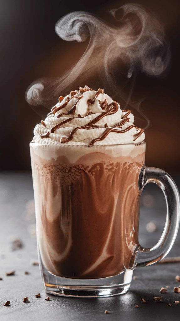 A steaming glass mug of rich hot chocolate topped with a swirl of whipped cream, drizzled with melted chocolate, and sprinkled with chocolate shavings. Wisps of steam rise elegantly against a dark, moody background, emphasizing the warmth of the drink. The smooth, velvety texture of the hot chocolate contrasts beautifully with the airy whipped topping, creating an indulgent and inviting scene.