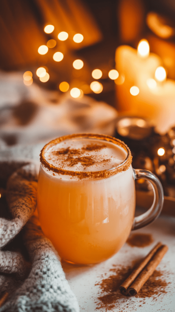 A cozy mug filled with a spiced peach Bellini mocktail, topped with frothy foam and a dusting of cinnamon. The rim is coated with a spiced sugar mix, and the scene is set with warm candlelight and soft, knitted blankets, creating a comforting autumn or winter vibe.