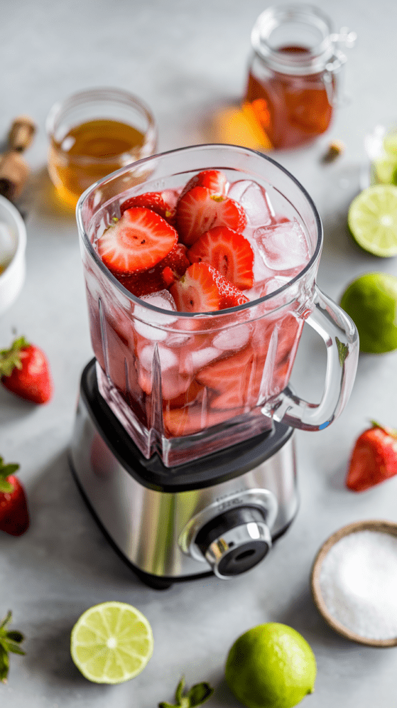 A blender filled with fresh sliced strawberries, ice, and a splash of liquid, ready to make a refreshing virgin strawberry daiquiri. Surrounding the blender are ingredients including limes, honey, fresh strawberries, and a bowl of sugar, set against a light countertop for a vibrant and fresh presentation.