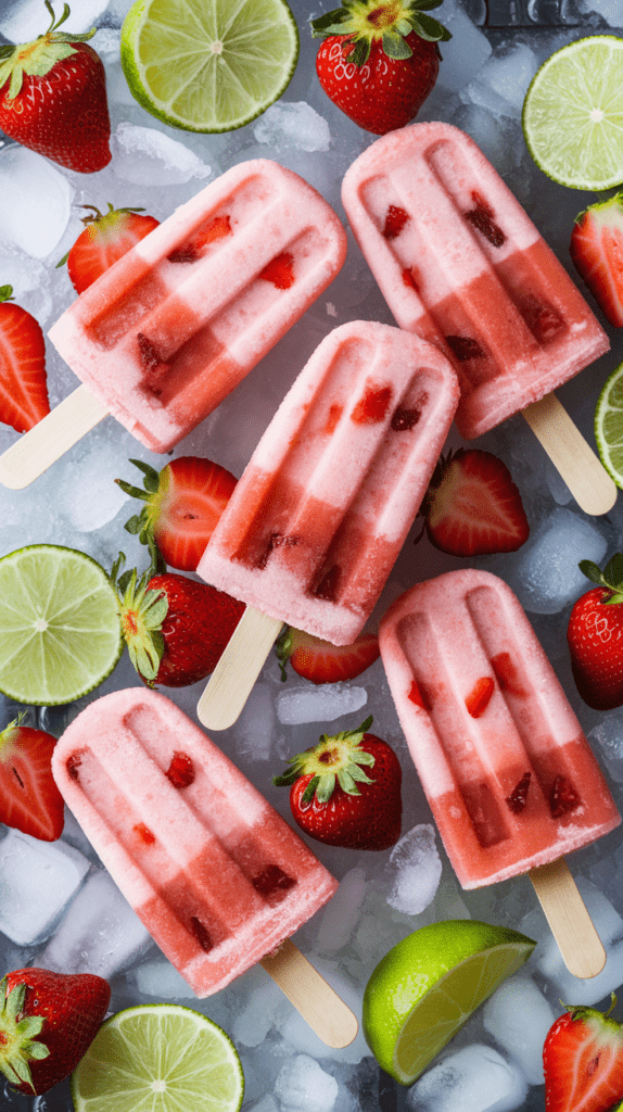 Refreshing strawberry daiquiri popsicles with vibrant red strawberry slices, laid on a bed of ice with fresh strawberries and lime slices. The popsicles feature a swirled pink and red gradient, showcasing the fruity blend, and are perfect for a cool summer treat.