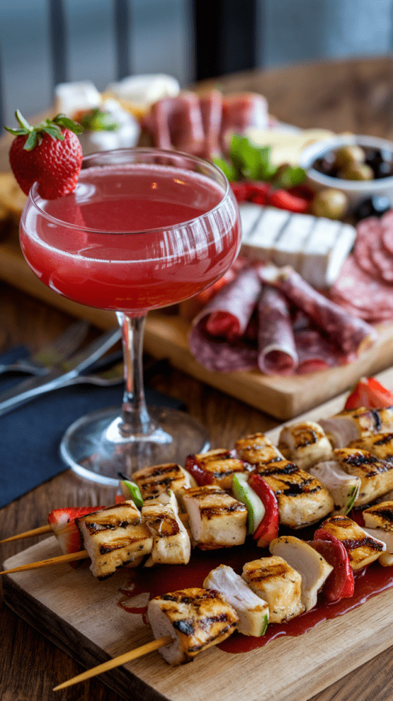 A vibrant strawberry daiquiri mocktail in a coupe glass garnished with a fresh strawberry, set against a delicious spread featuring grilled chicken and vegetable skewers with a drizzle of strawberry sauce, and a charcuterie board filled with assorted meats, cheeses, olives, and fresh herbs on a rustic wooden table.