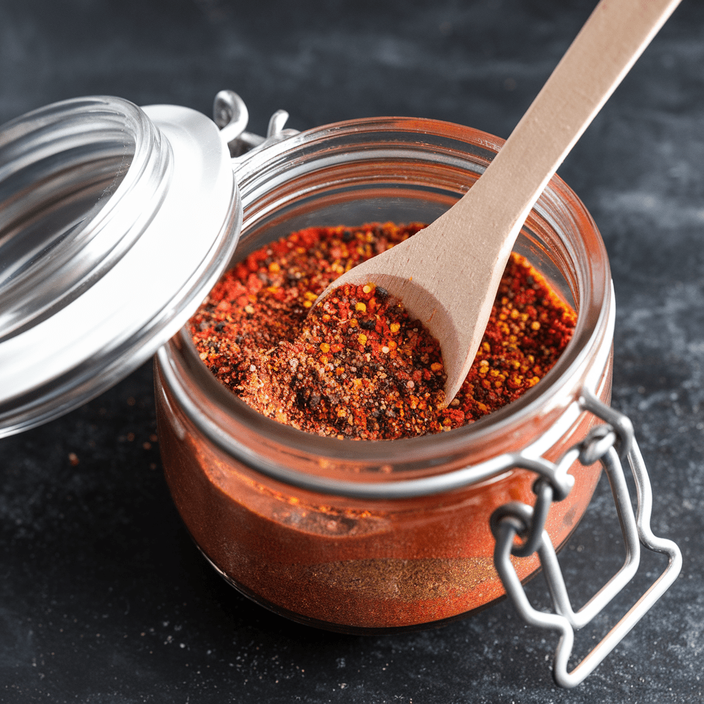 A glass jar filled with vibrant Tajín seasoning, showcasing its signature mix of red chili powder, lime, and salt. A small wooden spoon rests in the jar, highlighting the colorful and textured spice blend, perfect for adding a zesty kick to fruits, drinks, and dishes.