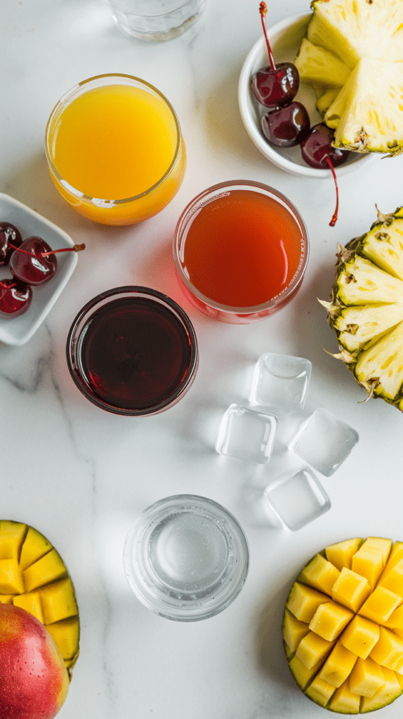 A top-down view of fresh ingredients arranged on a white marble surface for making a tropical spritz mocktail. The setup includes glasses filled with vibrant yellow-orange juice, red syrup, and sparkling water, along with ice cubes, fresh cherries, pineapple wedges, and cubed mango halves. The composition is bright and refreshing, highlighting the natural colors and textures of the ingredients.