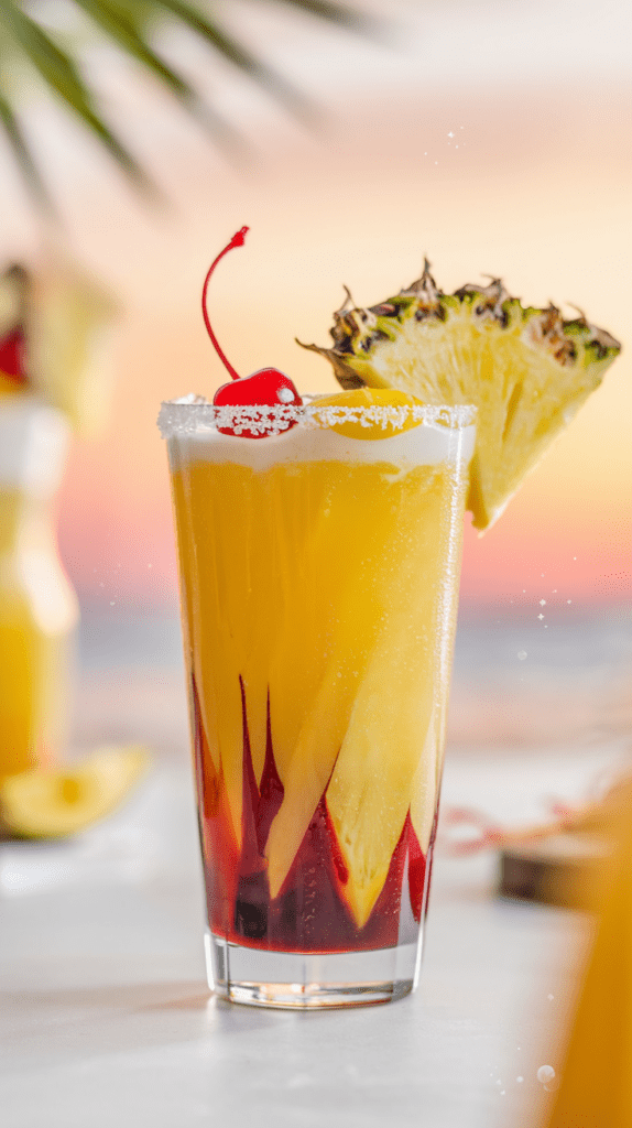 A refreshing tropical mocktail served in a tall glass, featuring a gradient of golden-orange juice blending into deep red syrup at the bottom. The rim is coated with sugar, and the drink is garnished with a bright red cherry and a fresh pineapple wedge. The background showcases a dreamy beach sunset with palm leaves, enhancing the tropical vibe.