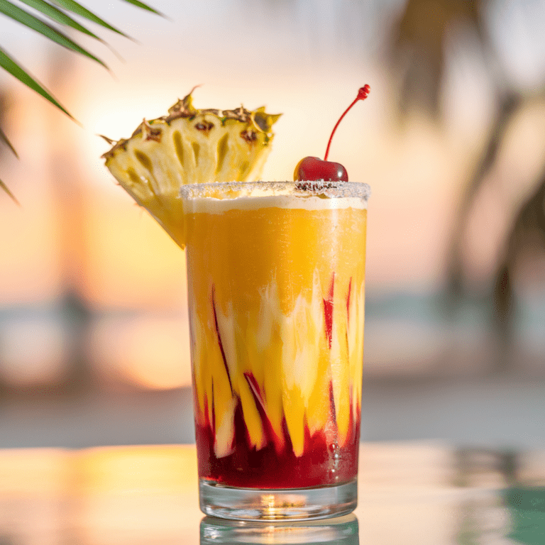 A vibrant tropical mocktail served in a tall glass, featuring a striking blend of bright yellow-orange juice with swirls of red syrup. The rim of the glass is sugared, and it’s garnished with a fresh pineapple wedge and a glossy red cherry. The drink sits on a reflective surface with a blurred background of palm trees and a sunset, evoking a relaxing beachside vibe.