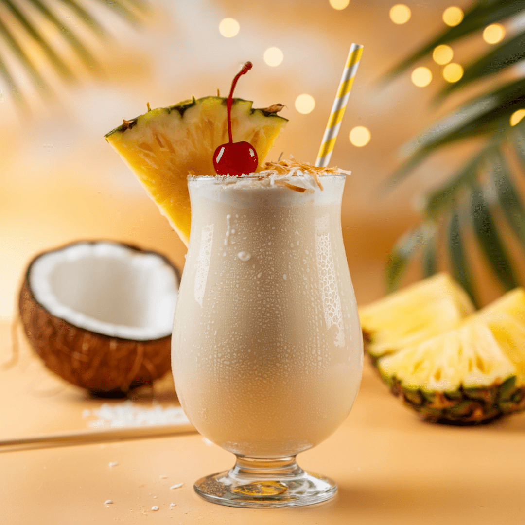 A frosty Virgin Piña Colada served in a curvy hurricane glass, garnished with a slice of fresh pineapple, a maraschino cherry, and a sprinkle of toasted coconut. The drink's creamy texture is highlighted by condensation on the glass, and a yellow-striped straw adds a playful touch. In the softly blurred background, a halved coconut, pineapple wedges, palm leaves, and warm glowing lights create a tropical, inviting ambiance.