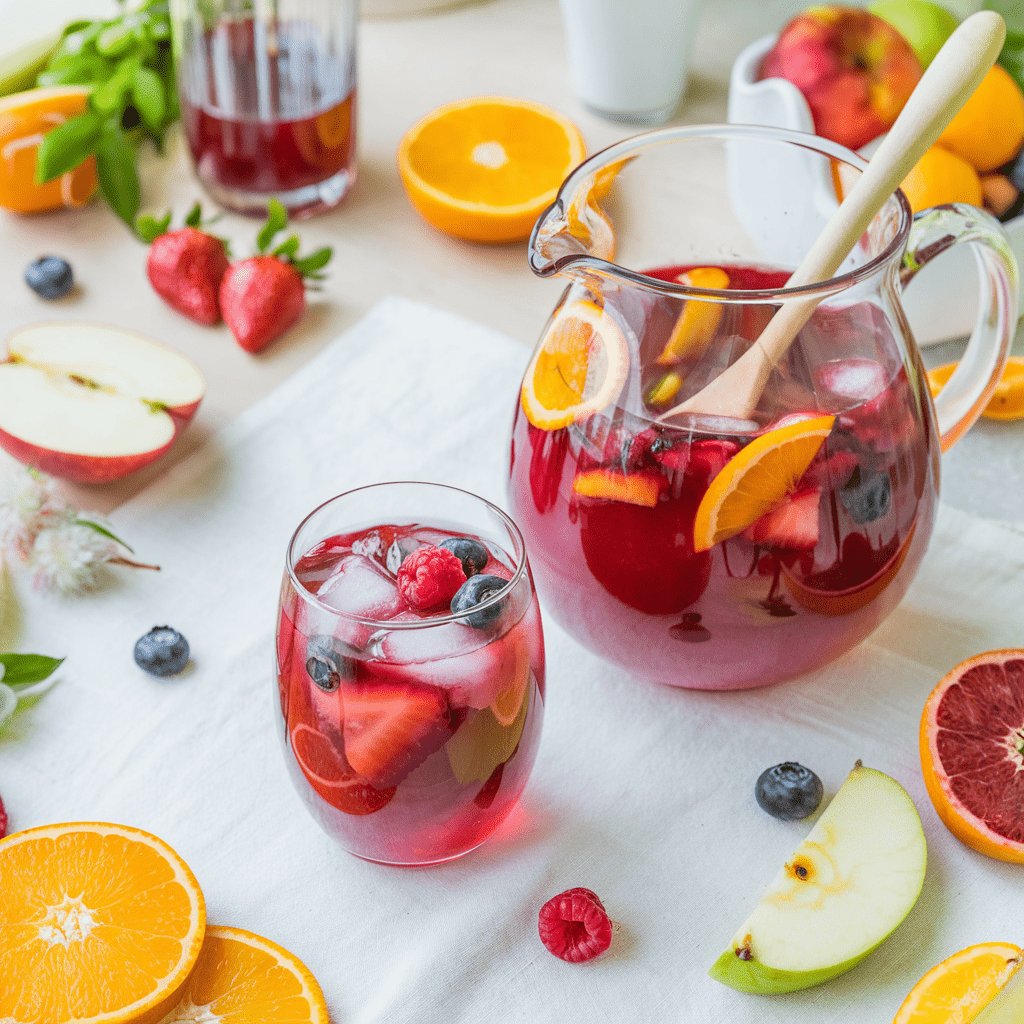 A refreshing pitcher of non-alcoholic sangria filled with vibrant slices of oranges, apples, strawberries, and mixed berries, accompanied by a glass of the fruity drink on a white tablecloth. The scene is surrounded by fresh fruit, including halved oranges, apples, and berries, adding to the bright and summery feel. The wooden spoon in the pitcher emphasizes the homemade, fresh preparation.