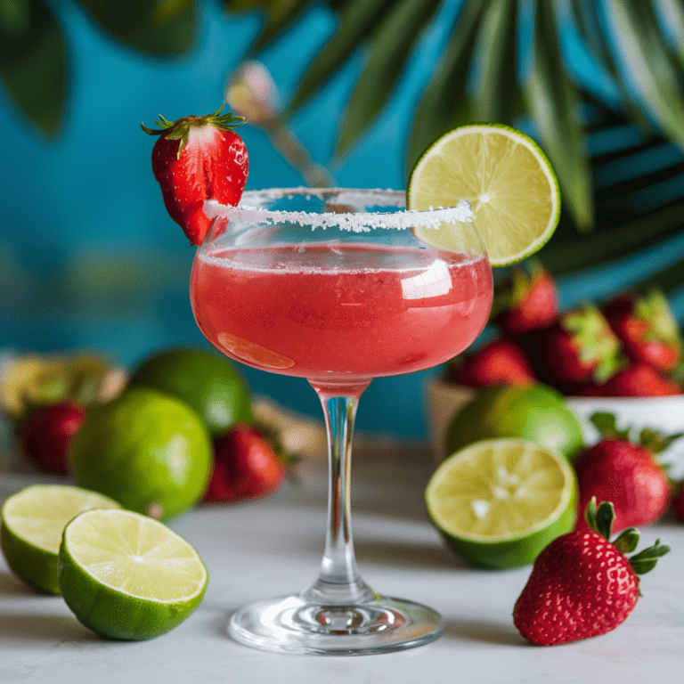 A vibrant virgin strawberry daiquiri served in a salt-rimmed coupe glass, garnished with a fresh strawberry and a slice of lime. The tropical setting features limes, strawberries, and lush green leaves against a bright blue background, creating a refreshing and summery vibe.