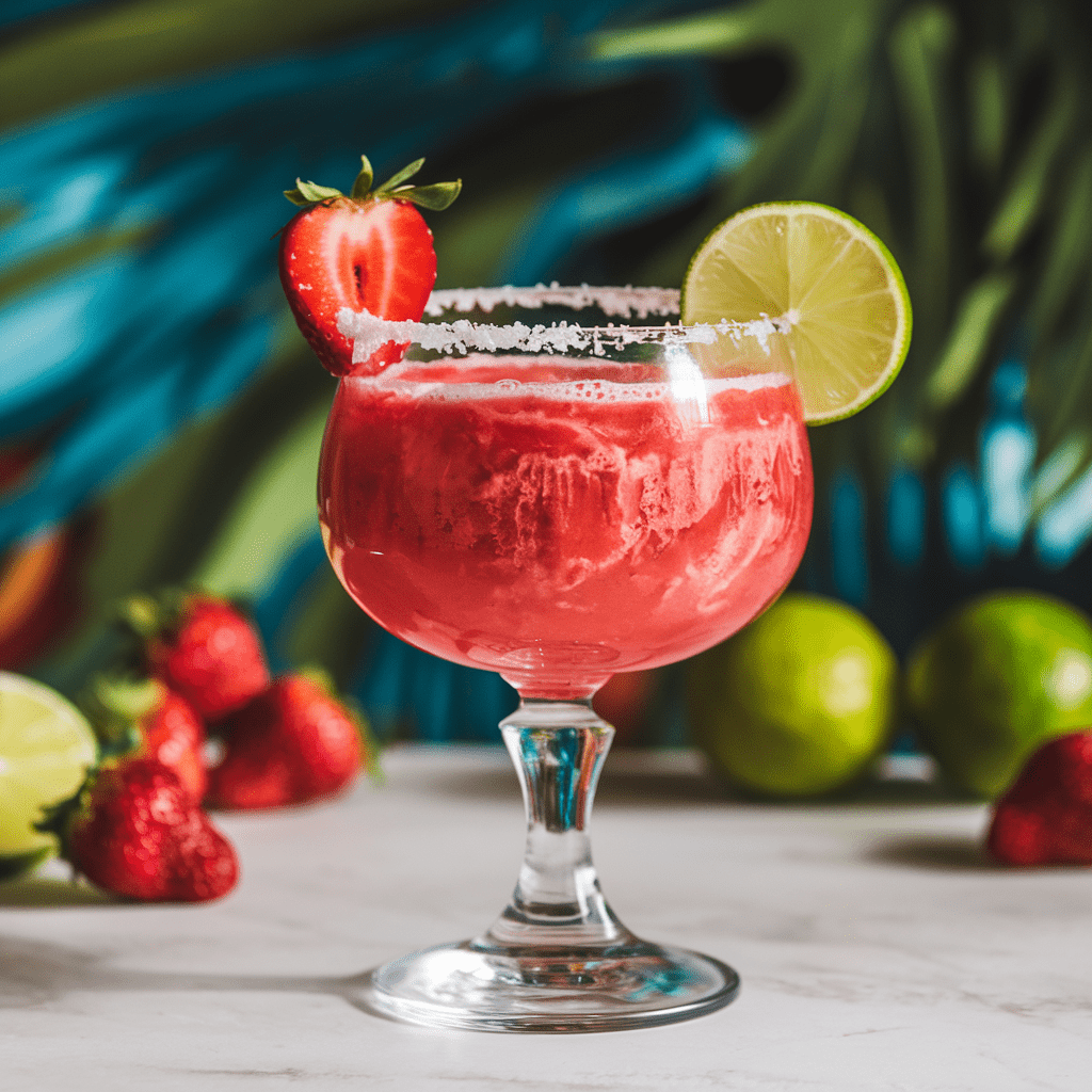 A vibrant virgin strawberry daiquiri served in a salt-rimmed glass, garnished with a fresh strawberry and a slice of lime. The drink's rich red color pops against a tropical backdrop with green palm leaves and fresh limes and strawberries in the background, creating a refreshing and summery vibe.