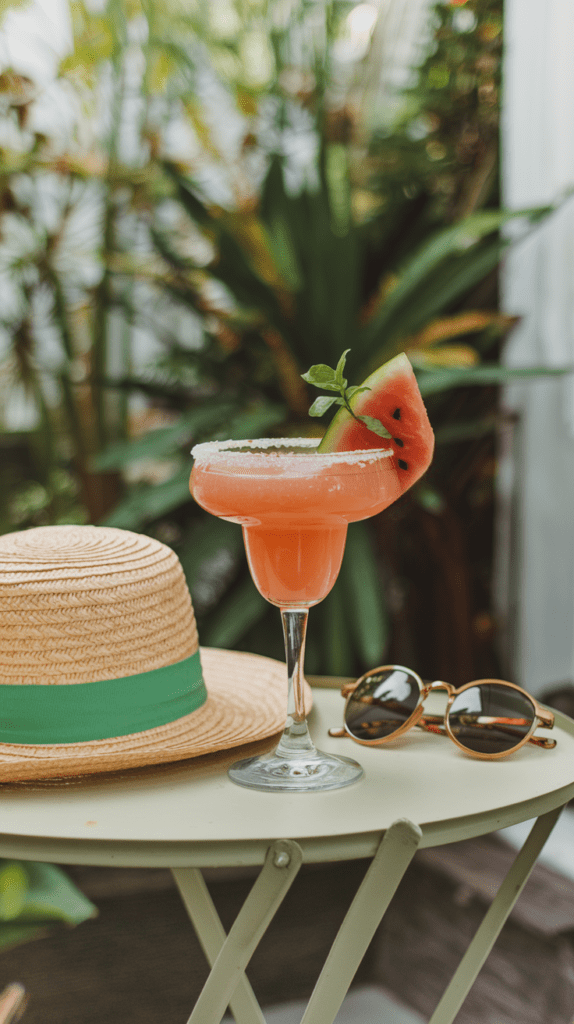 A refreshing virgin watermelon margarita served in a salt-rimmed glass, garnished with a fresh watermelon slice and a sprig of mint. The tropical drink is set on a light green patio table alongside a straw hat with a green ribbon and stylish sunglasses, surrounded by lush greenery for a perfect summer vibe.