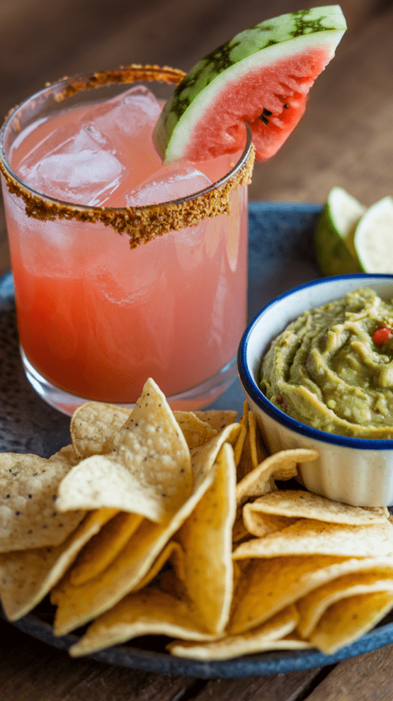 A refreshing watermelon margarita mocktail with a Tajín-rimmed glass, garnished with a fresh watermelon slice. The drink is served on a blue plate alongside crispy tortilla chips and a small bowl of creamy guacamole, creating a vibrant and appetizing summer snack scene.