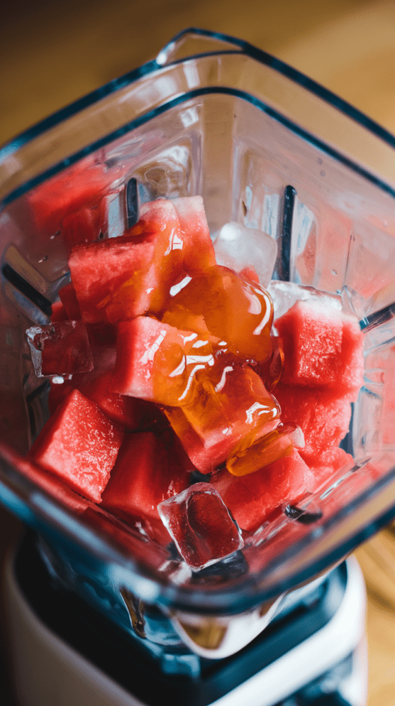 Fresh watermelon cubes, ice, and a drizzle of honey in a blender, ready to be blended into a refreshing watermelon margarita mocktail. The vibrant red fruit and golden honey create a vibrant and inviting summer drink preparation scene.