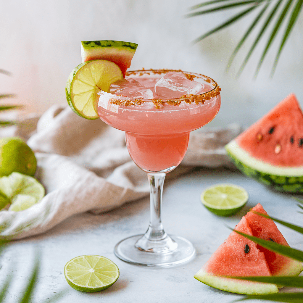 A refreshing watermelon margarita mocktail served in a salt-rimmed glass, garnished with a slice of watermelon and a lime wheel. The vibrant pink drink is surrounded by fresh limes, watermelon slices, and tropical greenery, creating a bright and summery vibe.