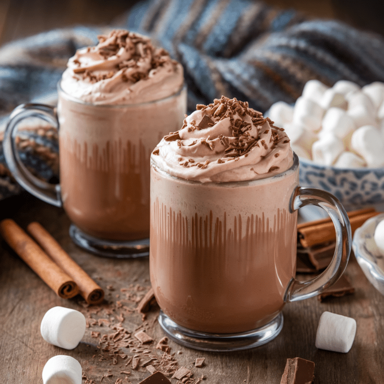 Two glass mugs filled with rich, creamy hot chocolate topped with a generous swirl of whipped chocolate cream and sprinkled with chocolate shavings. The mugs sit on a rustic wooden surface surrounded by cinnamon sticks, chocolate pieces, and fluffy marshmallows. A cozy, knitted blanket in the background adds a warm and inviting touch to the scene.