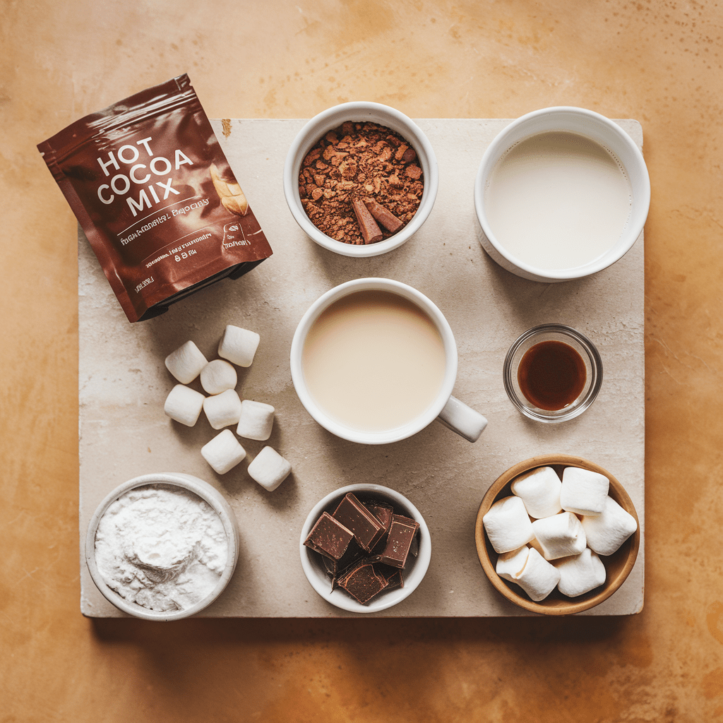 A top-down view of ingredients for making whipped hot chocolate, neatly arranged on a neutral-toned surface. The setup includes a packet of hot cocoa mix, a bowl of cocoa powder with a cinnamon stick, a cup of milk, a mug of prepared cocoa, a small dish of vanilla extract, powdered sugar, chocolate chunks, and two bowls of marshmallows. The warm, earthy background enhances the cozy and inviting feel of the scene.