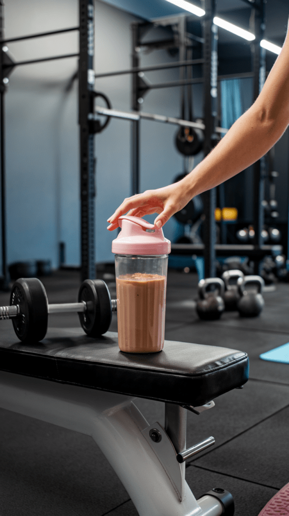 A creamy chocolate peanut butter protein shake served in a tall glass with a chocolate and crushed peanut-coated rim. The shake is topped with whipped cream, drizzled with chocolate sauce, and garnished with chopped peanuts and a banana slice. A metal straw is inserted for sipping, while chocolate pieces, banana slices, and cocoa powder are scattered in the background, enhancing the rich and indulgent feel.