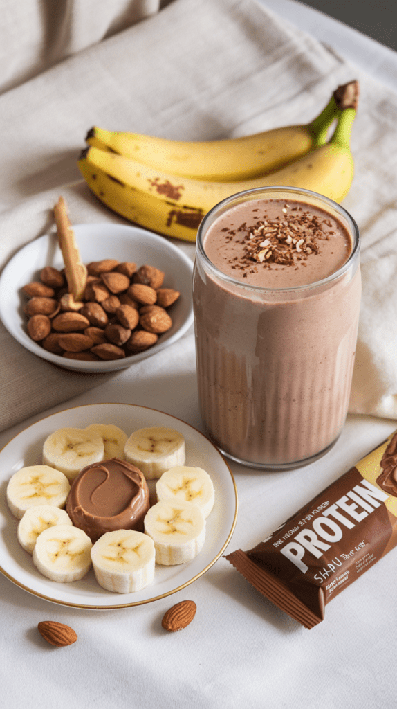 A glass of creamy chocolate peanut butter protein shake garnished with shredded chocolate and nuts, surrounded by wholesome ingredients. A plate of banana slices with a dollop of peanut butter sits nearby, along with a bowl of whole almonds and a protein bar. Fresh bananas in the background complement the nutritious and balanced setup, all arranged on a soft, neutral-toned fabric.