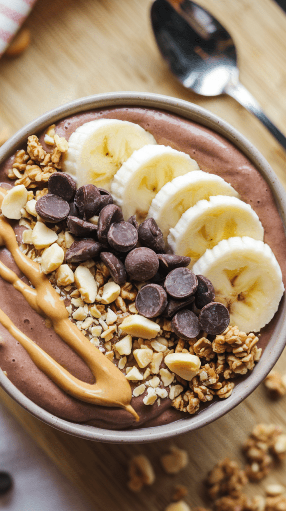 A chocolate peanut butter smoothie bowl topped with sliced bananas, dark chocolate chips, chopped peanuts, granola, and a drizzle of creamy peanut butter. The thick, rich smoothie base sits in a ceramic bowl on a wooden surface, with a spoon in the background. The toppings are neatly arranged, creating a visually appealing and indulgent yet nutritious breakfast or snack.