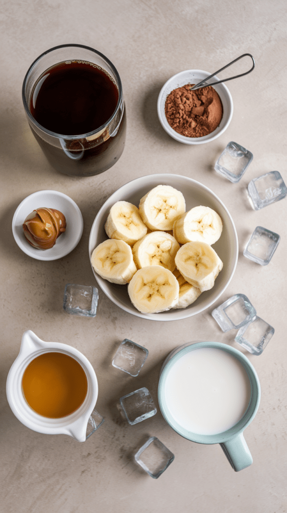 A flat lay of ingredients for a mocha coffee protein smoothie, arranged on a neutral-toned surface. The spread includes a bowl of sliced bananas, a cup of brewed coffee, a small dish of cocoa powder, a dollop of peanut butter, a cup of milk, a small pitcher of honey, and scattered ice cubes. The ingredients are neatly arranged, showcasing the rich and creamy elements that make up the smoothie.