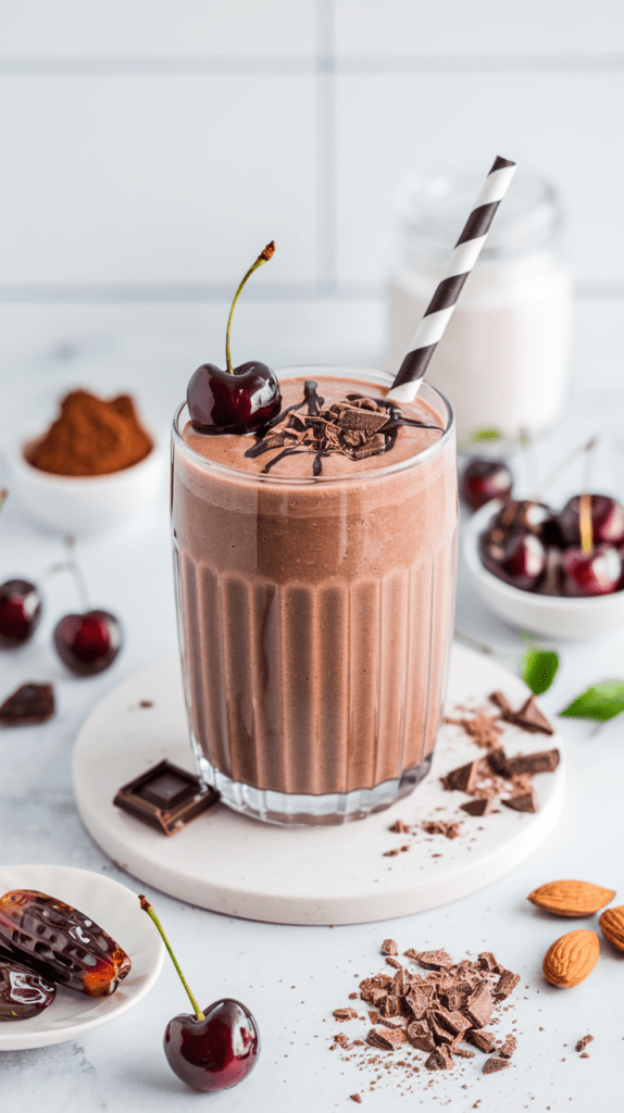 A beautifully styled glass of chocolate cherry smoothie, topped with chocolate shavings, a drizzle of chocolate syrup, and a fresh cherry. A black-and-white striped straw adds a playful touch, while the surrounding ingredients, including cocoa powder, dark chocolate chunks, almonds, and dates, highlight the rich and wholesome flavors. The creamy smoothie sits on a white surface with a minimalistic, bright background, enhancing its indulgent yet nutritious appeal.