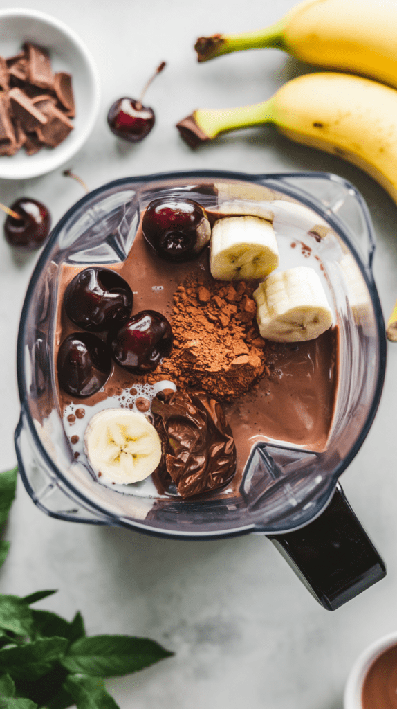 A top-down view of a blender filled with ingredients for a chocolate cherry smoothie, including fresh cherries, banana slices, cocoa powder, a date, and milk. Surrounding the blender are whole bananas, extra cherries, and a small bowl of chopped chocolate, emphasizing the rich and wholesome ingredients. The creamy chocolate base contrasts with the bright fruit, creating a visually appealing and delicious-looking smoothie prep scene.