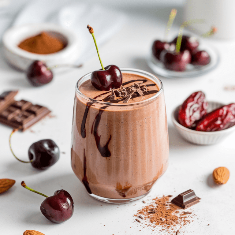 A rich and creamy chocolate-covered cherry smoothie in a glass, drizzled with chocolate syrup and topped with chocolate shavings and a fresh cherry. The setup includes scattered cherries, chunks of dark chocolate, almonds, and a small bowl of dates, highlighting the wholesome ingredients. The clean, white background emphasizes the indulgent and nutritious appeal of this decadent drink.