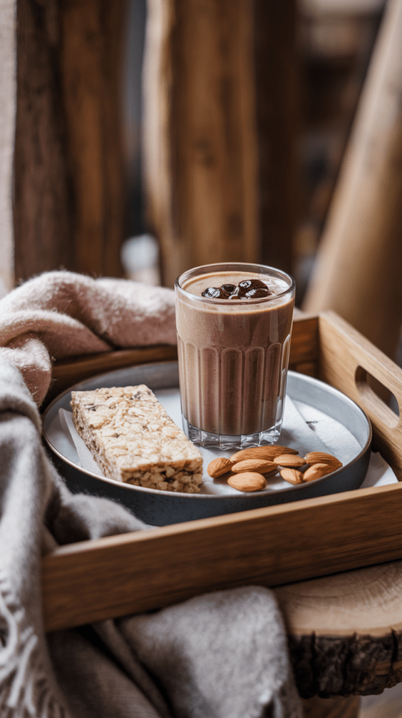 A cozy breakfast scene featuring a glass of chocolate-covered cherry smoothie topped with dried cherries, served on a wooden tray with a granola bar and a handful of almonds. A soft, neutral-toned blanket drapes over the edge, enhancing the warm and rustic ambiance. The setting, with wooden textures and soft lighting, creates a relaxing and nourishing moment perfect for a mindful morning or afternoon snack.