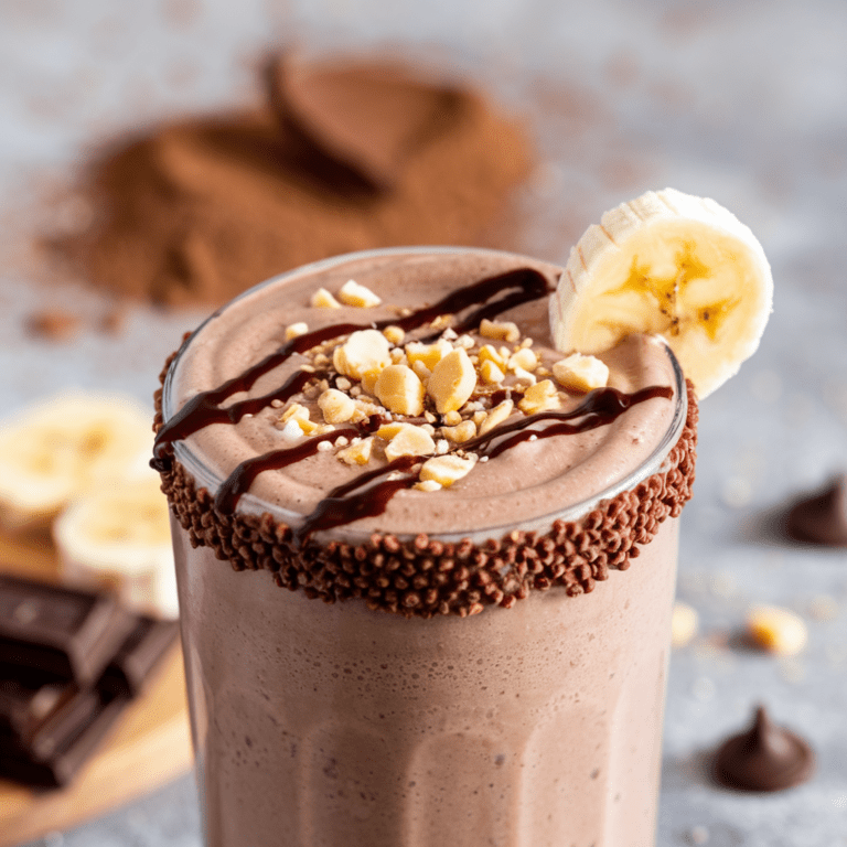 A rich and creamy chocolate peanut butter protein shake in a tall glass, garnished with crushed peanuts, a drizzle of chocolate syrup, and a banana slice. The rim is coated with chocolate and crunchy sprinkles, adding an indulgent touch. In the background, cocoa powder, chocolate pieces, and banana slices emphasize the shake’s decadent yet nutritious ingredients.