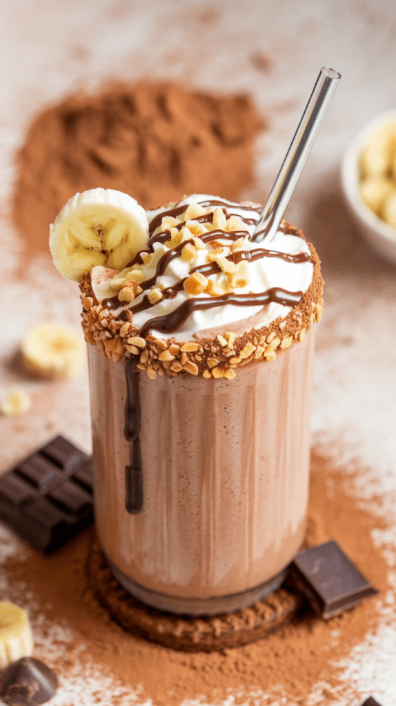 A tall glass of a rich chocolate peanut butter protein shake, garnished with whipped cream, drizzled with chocolate sauce, and topped with chopped peanuts and a banana slice. The rim of the glass is coated with crushed peanuts and cocoa powder, with a drizzle of chocolate elegantly dripping down the side. A metal straw is inserted, ready for sipping, while the background features scattered cocoa powder, chocolate pieces, and banana slices, adding to the indulgent and inviting presentation.