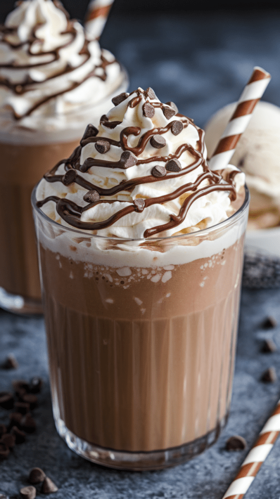 A decadent frozen mudslide mocktail served in a tall glass with a thick, creamy chocolate base. The drink is topped with a generous swirl of whipped cream, drizzled with chocolate sauce, and sprinkled with chocolate chips. A striped brown-and-white straw adds a fun touch, while the dark background highlights the rich textures and indulgent ingredients. In the background, another glass of the same drink, a scoop of vanilla ice cream, and scattered chocolate chips enhance the dessert-like presentation.