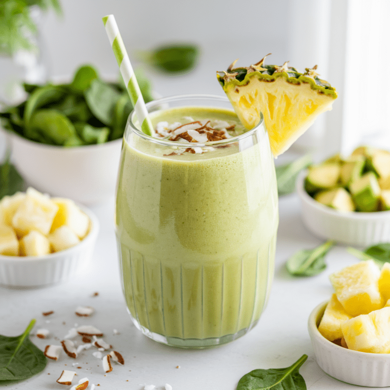 A vibrant green smoothie served in a clear glass, garnished with shredded coconut, toasted coconut flakes, and a fresh pineapple wedge. A green-and-white striped straw adds a fun touch. Surrounding the smoothie are bowls of fresh spinach, cubed pineapple, and avocado, hinting at the smoothie’s nutritious ingredients.