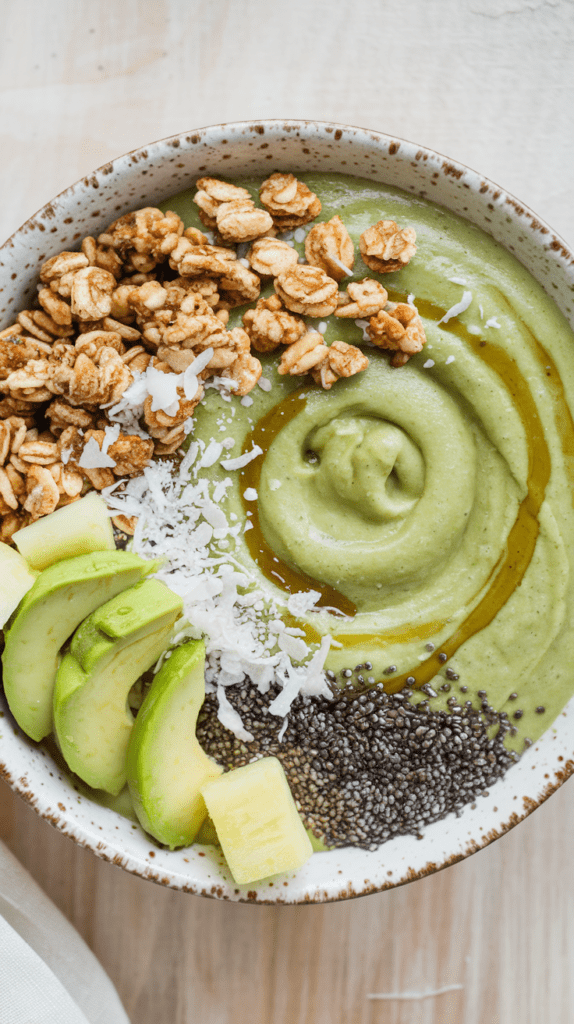 A creamy green smoothie bowl with a smooth, swirled texture, topped with crunchy granola, shredded coconut, chia seeds, avocado slices, and a drizzle of honey. A few chunks of pineapple add a bright, tropical touch. The bowl is set on a rustic wooden surface, creating a wholesome and inviting presentation.